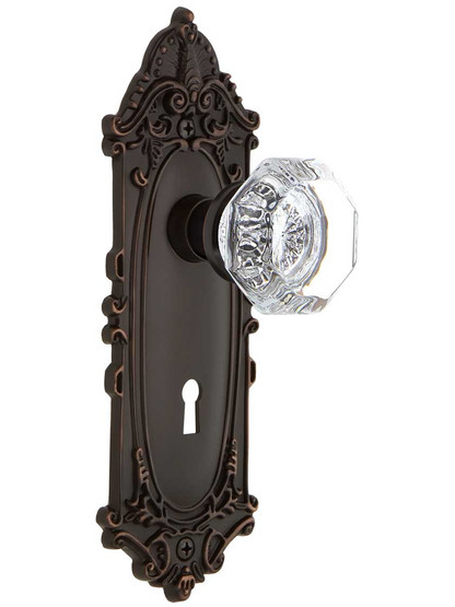 Largo Design Mortise Lock Set With Waldorf Crystal Knobs in Timeless Bronze.